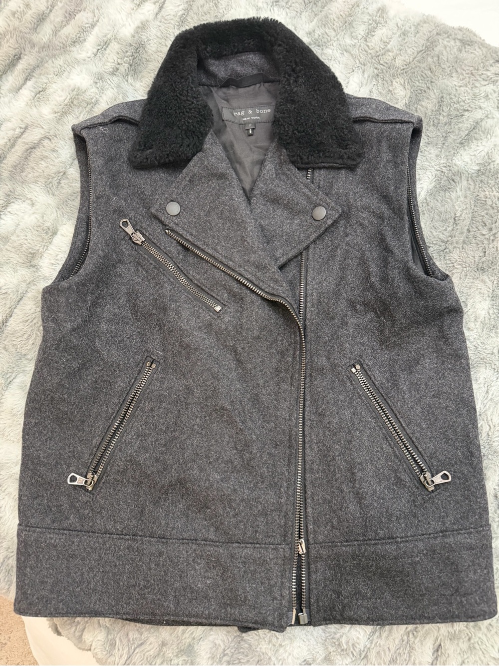 rag & bone Gray Wool Moto Vest with Black Shearling Collar
